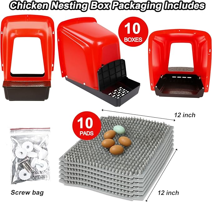 Chicken Nesting Boxes 10 Pack with Egg Roll Out, Plastic Chicken Laying Boxes for Chicken Coop, Wall Mounted Hen Nesting Box for Chickens & Poultry, Durable, Easy to Install & Clean, Red