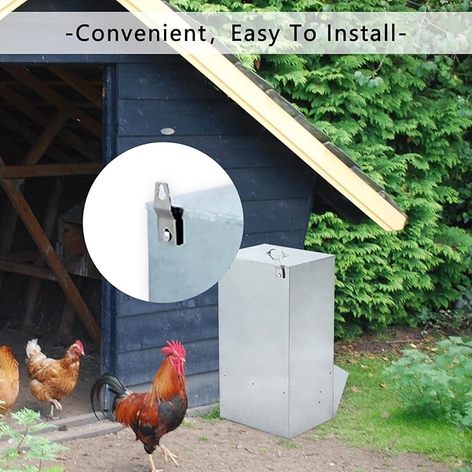 50lbs Capacity Galvanized Chicken Feeder,Outdoor Poultry Feeder with Weatherproof Lid,Hanging Chicken Feeder, Coop Food Dispenser