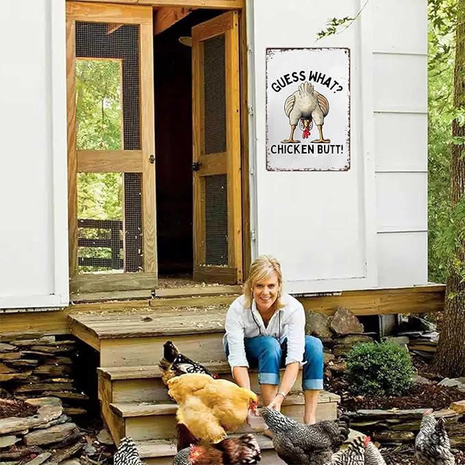 Funny Chicken Coop Metal Sign-"Guess What? Chicken Butt”Posters Wall Art- for Farmhouse Kitchen Home Decor 8x12inch