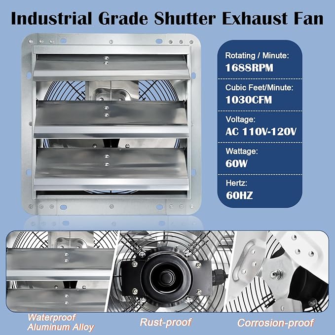 Hiorucet 12 Inch Wall Mounted Shutter Exhaust Fan with 1.8m Power Cord, 1030CFM High Speed Low Noise Aluminum Louvered Exhaust Fan for Greenhouse, Garage, Shop, Attics, Chicken Coop Ventilation Fan.