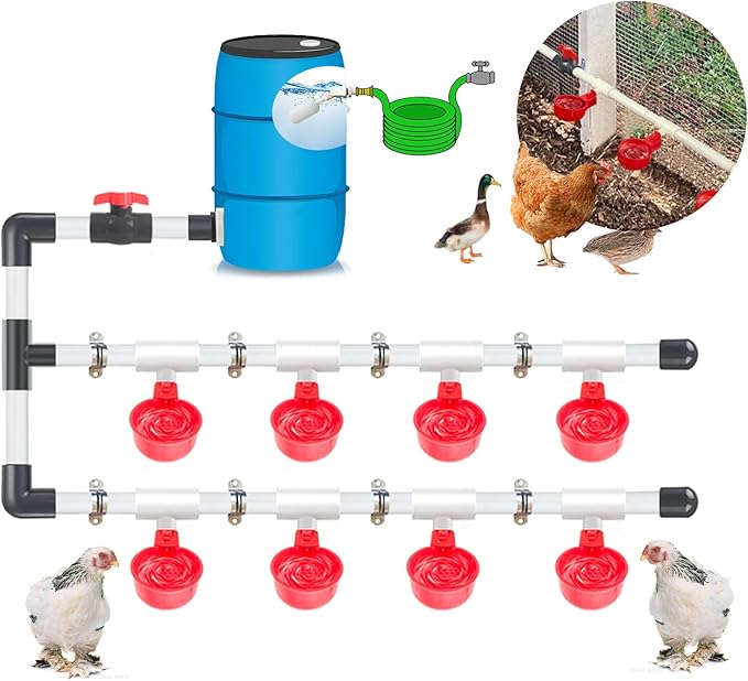 Automatic Chicken Waterer System, DIY Poultry Pipe Water Feeder Set, Include 8 Chicken Water Cups, Ball Valves and Tee, Coop Automatic Clean Waterer (Red, 8-Cups)