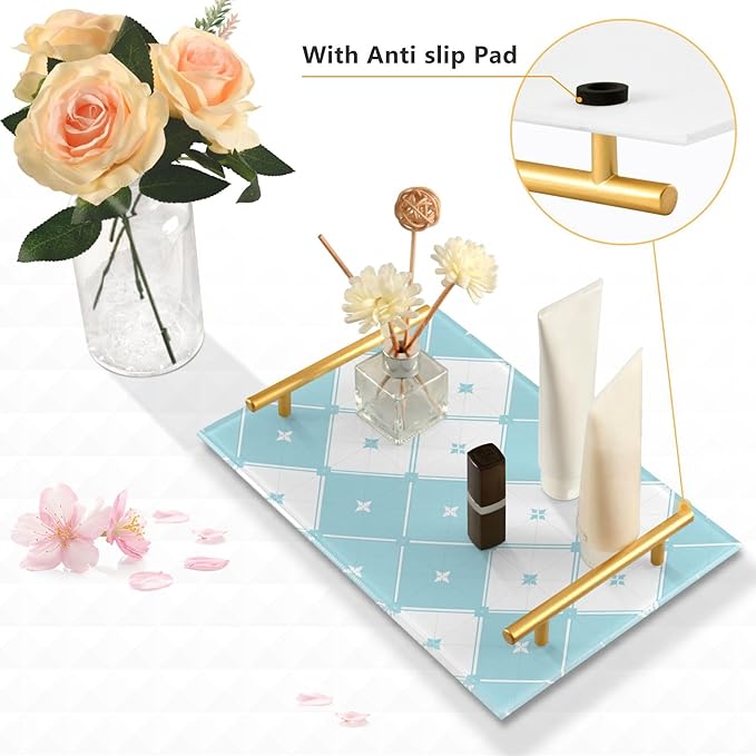 Bathroom Vanity Tray Counter Organizer, Check Blue White Decorative Tray with Handles Countertop Storage for Bathroom Bedroom Kitchen Home Farmhouse