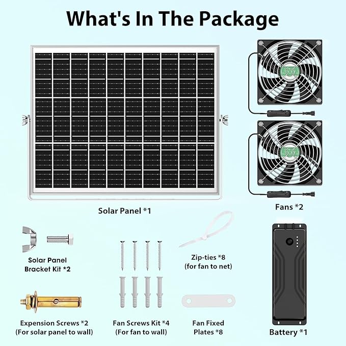 Solar Fan with Battery, Solar Fan for Greenhouse & Chicken Coop, Solar Fans for Outside, Solar Powered Exhuast Fans for Chicken Coop Doghouse Shed Circulation Vent Ventilation Cooling