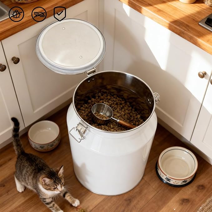 25 Lbs Stainless Steel Dog Food Storage Container with Scoop, Large Metal Dog Food Bin with Airtight Lid & Locking Clamp, Pet Treat Jars for Dogs & Cats, Keep Fresh