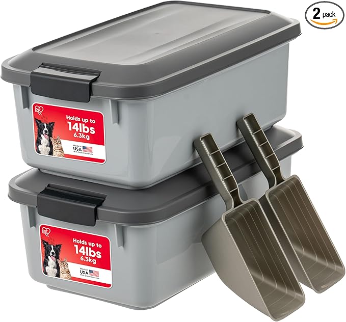 IRIS USA WeatherPro Airtight Pet Food Storage Container, Up to 14 lbs, Dog Cat Bird and Other Pet Food Storage Bin Keep Pests Out Translucent Body BPA Free Stackable, 2 Pack, Gray