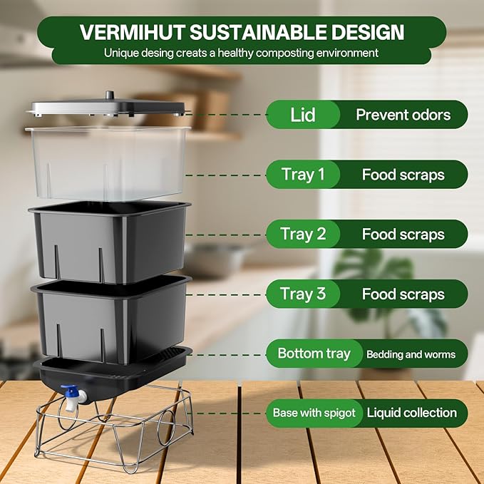 3-Tray 15L Worm Farm Composting Bin with Tool Set - Efficient Indoor/Outdoor Composter for Organic Waste Recycling, Beginner-Friendly Kit for Healthier Plants (Black)