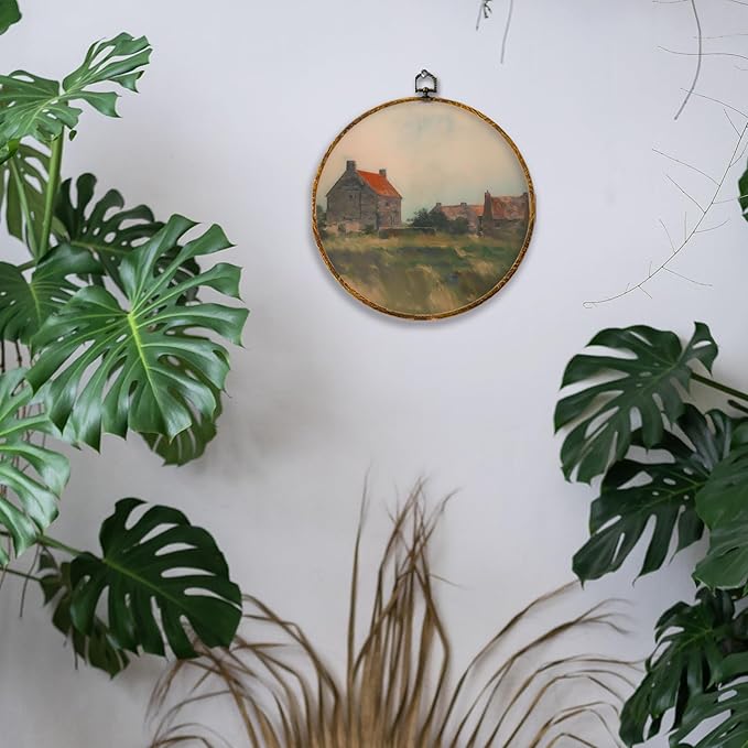 Hiuwevt Vintage Farmhouse Landscape Round Wall Art Decor, Moody French Country Framed Canvas Prints, Rustic Cottagecore Countryside Round Wall Hanging Decor for Home Bedroom Decorations, 10x10 Inches