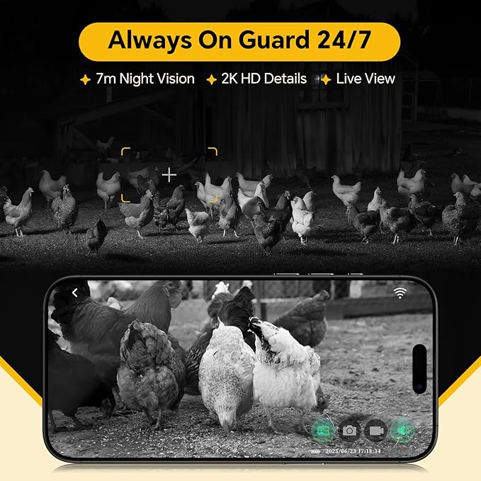 Automatic Chicken Coop Door Solar Powered with 2K Camera & Night Vision, IP65 Wireless Auto Door Opener, 6-Month Battery, APP Control, 2-Way Audio, Anti-Pinch Design (Black)