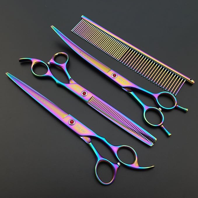 KINGSTAR 8.0in. Professional Pet Grooming Scissors Set,Titatium Plated Straight & Thinning & Curved Scissors Set with Comb,Dog Grooming,A563