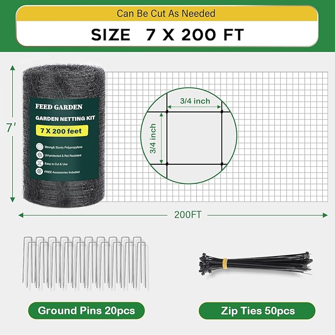FEED GARDEN Deer Netting Deer Fence Netting, 7 x 200 Feet for Garden Protection Reusable Protective for Plants Fruit Trees Vegetables Against Birds and Other Animal