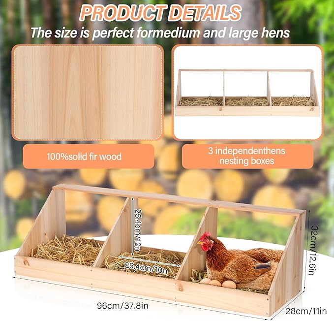 Nosiny Triple Nesting Boxes Wood Chicken Nesting Box 3 Compartment Room Hen Chicken Laying Boxes Versatile Use Easy Assemble for Duck Poultry, 37.4 x 12.8 x 11.2 Inch, Brown