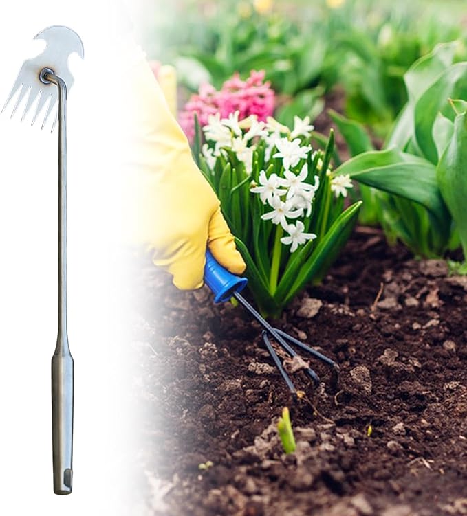 Weeds Puller Weeding Rake, with Handle, Uprooting Garden Weeding Tool Stainless Steel for Lawn Farm Outdoor Backyard, 6 Teeth, 48.5cmx10.5cmx6.5cm