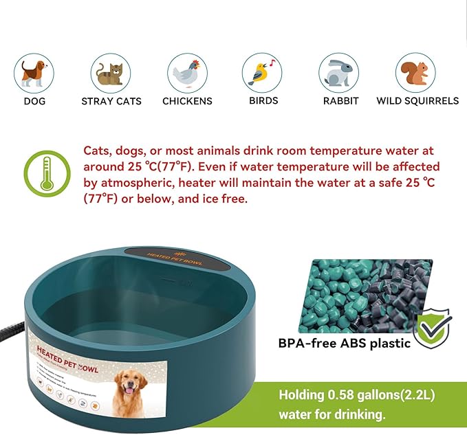 Enjoying Heated Pet Bowl for Cat Outdoor, 2.2 L, Ice Free, Heated Water Bowl for Dogs Chickens Rabbits Birds, Intellectual Temperature Control Thermal Bowl, Green