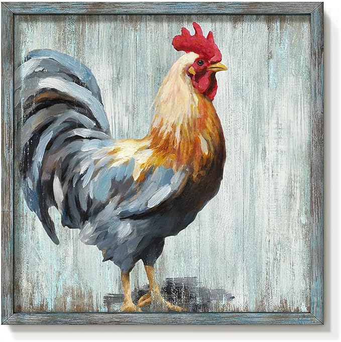 Rooster Wooden Wall Art Decor: Farm Cock Picture Country Animal Framed Artwork Rustic Farmhouse Chicken Painting is the Perfect Combination of Energy Nature for the Kitchen Bedroom 16"x16"
