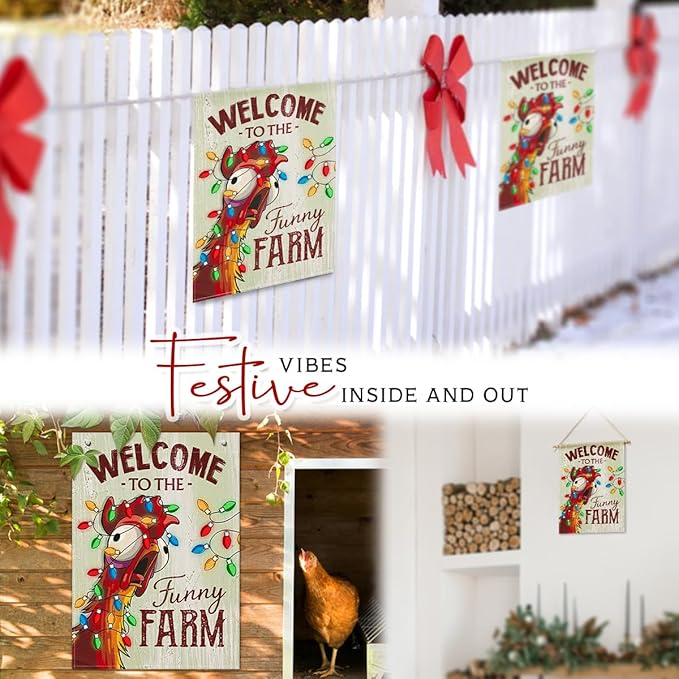 Christmas Welcome Flag - Fun Xmas Farmhouse Animal with Holiday Lights Garden Flags - Rustic Chicken Coop Décor Outside - Welcome to the Funny Farm Sign