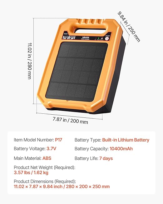 VEVOR Solar Fence Charger, 0.3J 8 kV Solar Powered Fence Charger, Weather-Resistant Electric Fence Energizer Kit, 7 Days Runtime, for Livestock, Poultry, Garden Protection