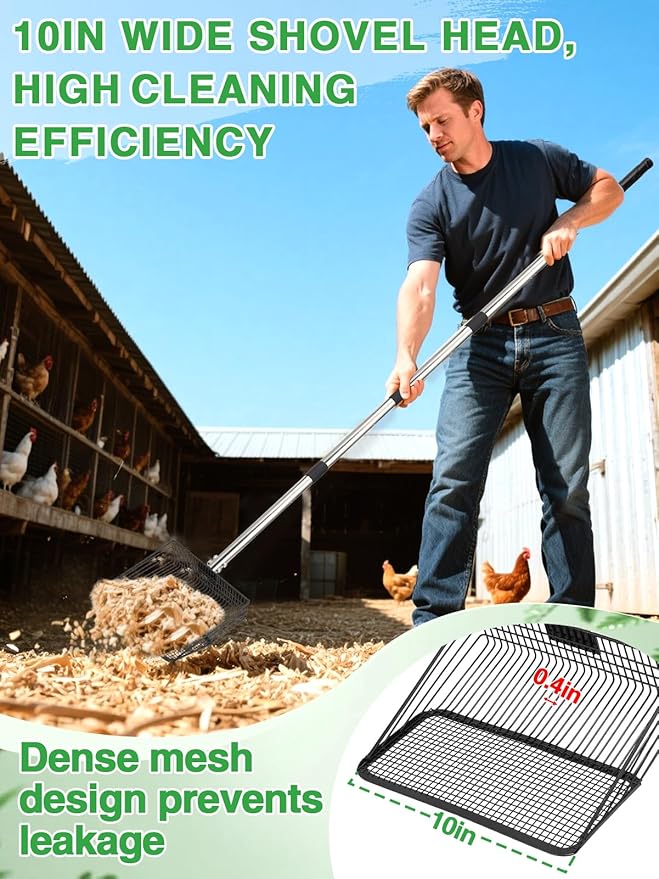 Extra Long Chicken Poop Scooper & Rake - Save-Effort 36''-76'' Long Metal 10'' Wide Scooper & 11 Tooth Rake, Chicken Coop Accessories for Efficient Cleaning