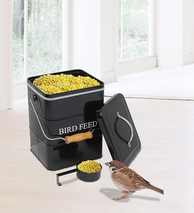 Morezi Bird seed and feed storage tin with lid Included - white-coated carbon steel - tight fitting lids - storage canister tins - Black