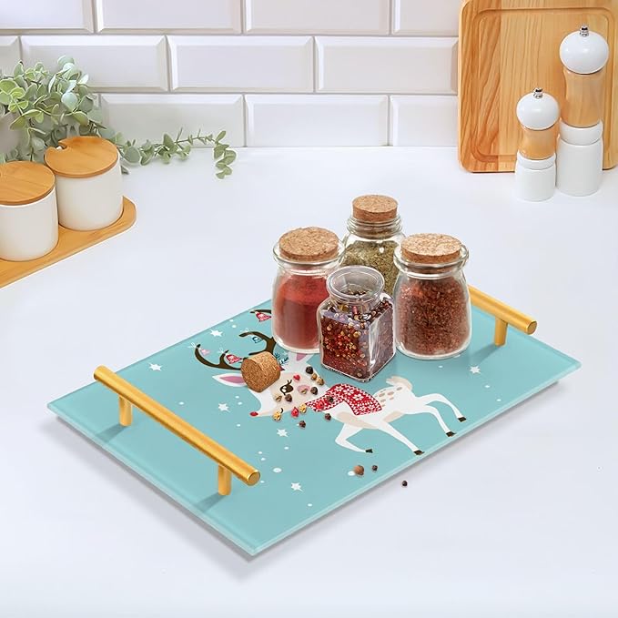 Bathroom Vanity Tray Counter Organizer, Christms Deer in The Snow Decorative Tray with Handles Countertop Storage for Bathroom Bedroom Kitchen Home Farmhouse