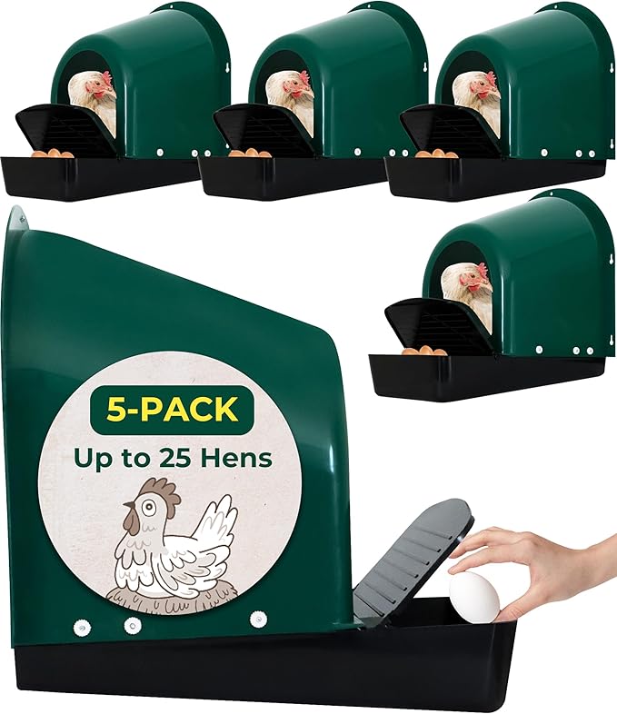Roll-Out Chicken Nesting Boxes - 5-Pack Plastic Nest Boxes for Chickens, Hens & Ducks - Egg Laying Boxes with Perch and Roll Away Egg Collection for Coop
