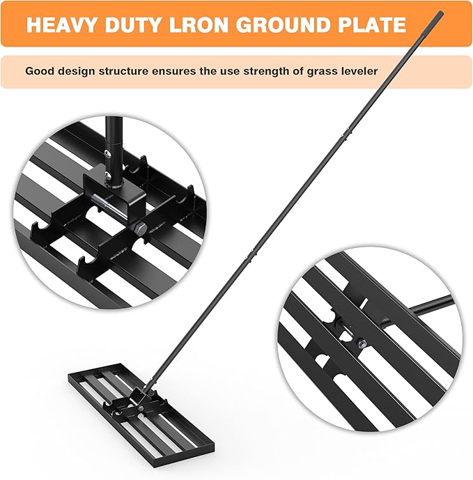 GAW Black Lawn Leveling Rake, 36" x 10" 7.2ft Handle Heavy Duty Ground Plate Rake for Lawns, Effort Saving Lawn Leveler Tool, Levelawn Tool for Yard, Backyard, Garden, Golf Couse, Farm, Pasture