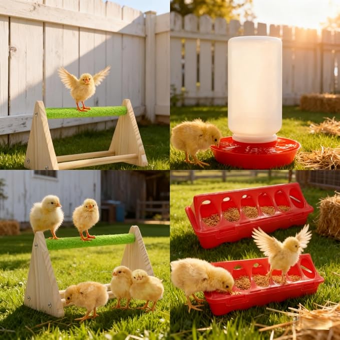 12-Hole No-Scratch & Spill-Proof Chick Feeder, Leak-Resistant Chick Waterer, and Poultry Waterer with Perches - Complete Brooder/Coop Starter Kit for Raising Poultry (Perch)