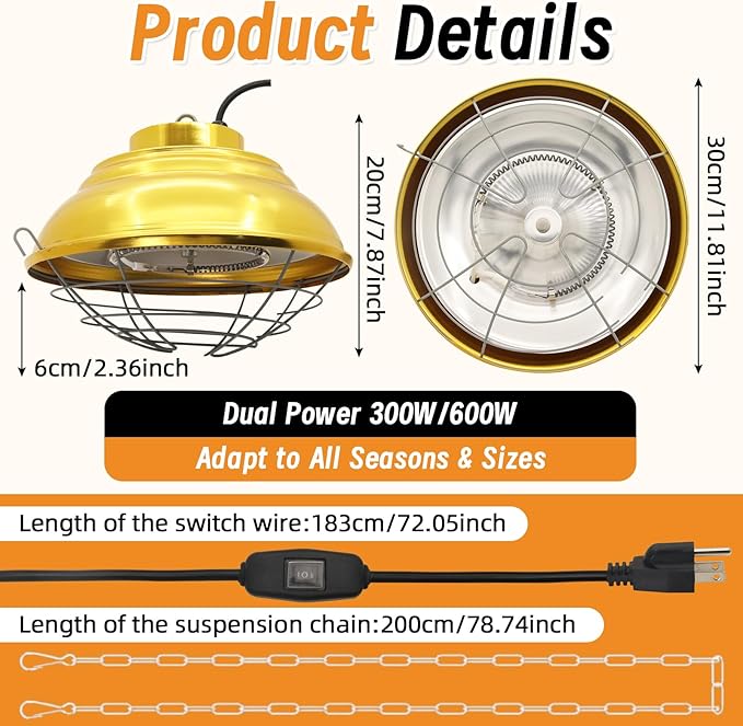 Chicken Heat Lamp 600W Carbon Fiber Tube Brooder Heater Lamp Hanging Chicken Heat Bulb Dual Temperature Adjustable (300/600W) for Chicks,Ducks,Dog Kennel,Cat House
