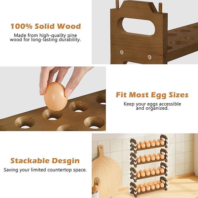 Wooden Egg Holder Countertop Fresh Chicken Egg Holders Storage for Gathering Fresh Eggs, 4-Tier Stackable with 48 Eggs, Farmhouse Home Eggs Rack Organizer Decoration