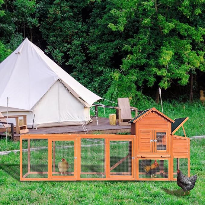 Large Wooden Chicken Coop, 122-Inch Outdoor Hen House with Nesting Box and Wire Fence Poultry Cage for Hens and Poultry