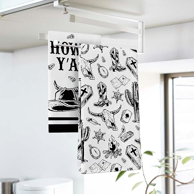 Howdy Y‘All Western Cowboy Kitchen Dish Towels Set of 2, Black White Bull Skull Hat Boot Cactus Drying Hand Towel Baking Cooking Cloth, Rustic Country Bathroom Home Decoration 18'' x 26''