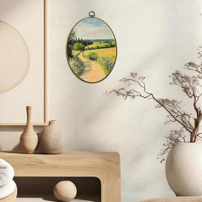 CUANFDDSF Vintage Country Landscape Oval Wall Art Decor, Farmhouse Countryside Wall Hanging Decor, Rustic Natural Cottagecore Scene Framed Canvas Prints for Home Bedroom Living Room, 8.6x11.4 Inch