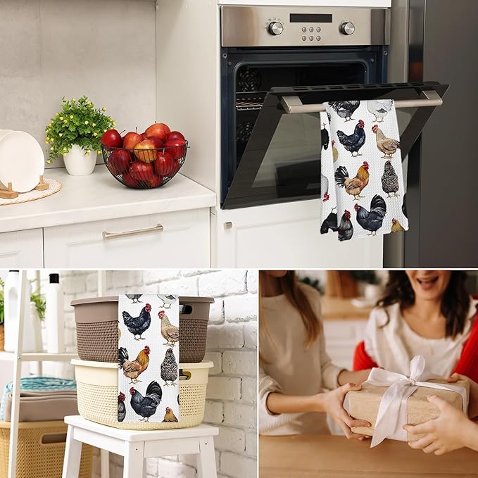 Rustic Chicken Rooster Decor Kitchen Towels and Dish Towel, Farmhouse Chicken Themed Gifts Hand Towels, Rustic Christmas Rooster Cottage Decor Dish Tea Hand Towel for Bathroom Kitchen,16x24