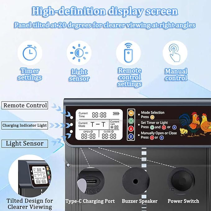 Automatic Chicken Coop Door Solar Powered, Automatic Chicken Door with Timer & Light Sensor Mix 4modes, Aluminum Alloy Chicken Coops Doors, Remote Control Solar Chicken Coop Door