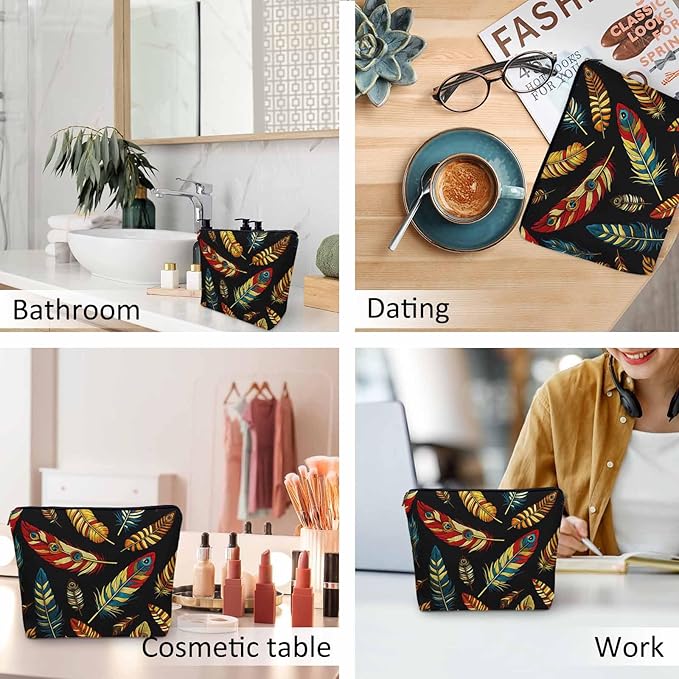 Peacock Feathers Makeup Bags Makeup Organizer, Tribal Tropical Peacock Feather Flax Toiletry Bags Travel Cosmetic Bag Makeup Purse Pouch Skincare Bag Wallet Bags For Women Men