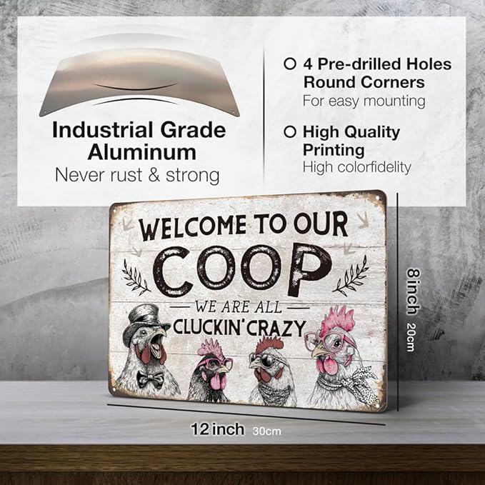 Heuhuww Funny Chicken Coop Sign Chicken Decor-Welcome To Our Coop Vintage Rooster Decor for Farm Fence Home 12" x 8"(H9)