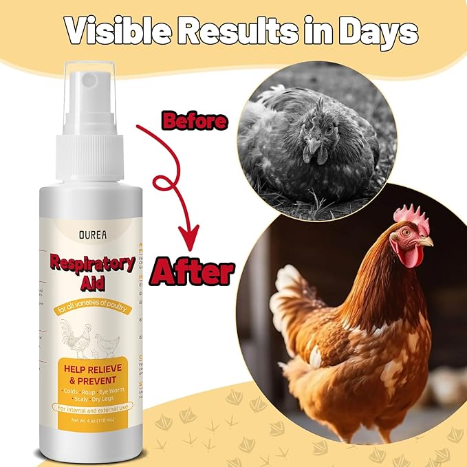 Respiratory Aid for Poultry, 4Oz Chicken Supplement for Sneezing, Coughing & Nasal Relief, Safe for All Birds, Dropper and Spray Top Included, Drinking Water Additive, Natural Liquid Formula