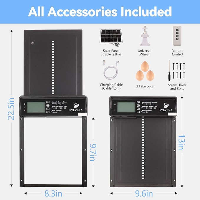 Automatic Chicken Coop Door –USB-C & Solar Powered Chicken Coop Door, Anti-Pinch Safety, Timer & Light Sensor Modes, Remote Control, Waterproof Aluminum Door