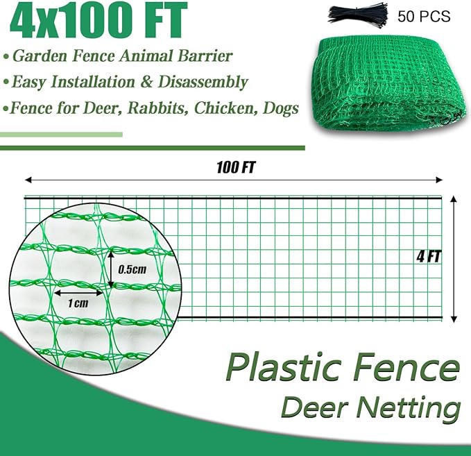 Garden Fence Temporary Fence, 4'x100' with 50 Zip Ties, Plastic Fencing Safety Fence Snow Fence, Construction Fencing for Yard, Deer, Pet, Rabbits, Chicken, Dogs, Animal Barrier, Green
