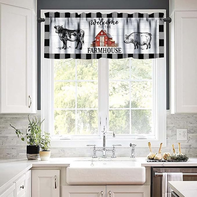 Farm Animals Valance Curtains Farmhouse Cow Pig Rustic Retro Wooden Board Black White Buffalo Check Art Print Rod Pocket Curtain Valance for Kitchen Bedroom Living Room Decor 1 Panel W54xL18 Inch