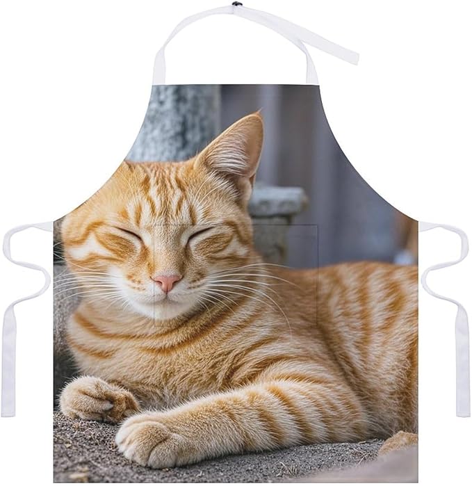 Waterproof Apron Adjustable Bib Aprons with Pockets Orange Cat Sleeping Apron Kitchen Aprons for Women Men