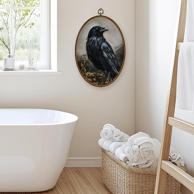 WULQYING Vintage Halloween Crow Wall Art Decor, Gothic Moody Bird Oval Framed Canvas Art Prints, Dark Academia Cottagecore Raven Wall Hanging Decor for Home Bedroom Living Room, 8.6x11.4 Inches