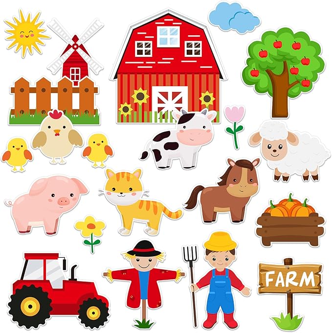 Whaline 40Pcs Farm Animals Cutouts Bulletin Board Decorations Cow Horse Chicken Pig Tractor Scarecrow Farm Theme Cut-Outs for Baby Shower Birthday Party Classroom Decor