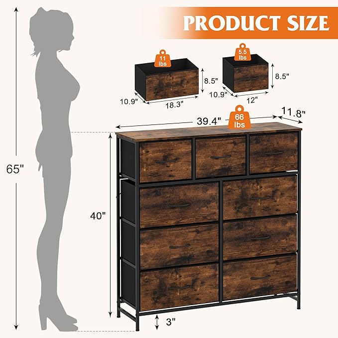 WelFurGeer 9-Drawer Dressers with Sturdy Metal Frame - Tall Chest Organizer Unit with Fabric Bins, Storage Chest of Drawers for Bedroom, Living Room, Hallway, Entryway,Rustic Brown Wood Grain Print