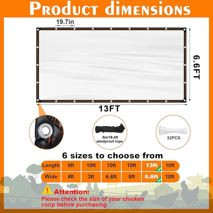 NNG 6.6 x 13ft Waterproof Chicken Coop Cover for Winter,Anti-Tear Chicken Run Tarp with Rope & Cable Tie,Chicken Coop Insulation Windproof Winterizing Cover for Poultry Cage Patio Covering
