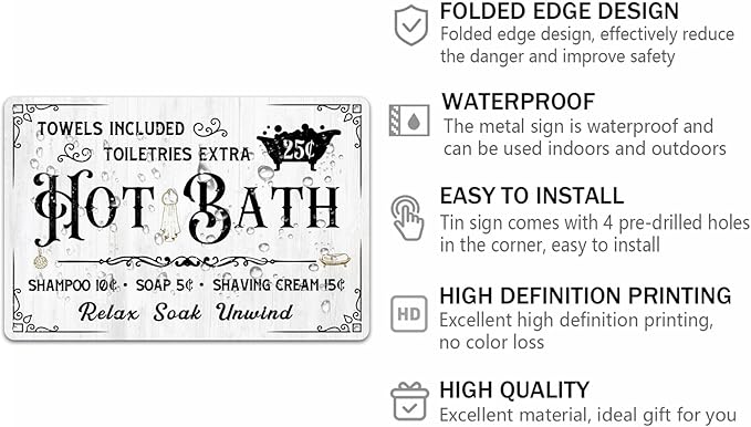Generic Hot Bath Shampoo Metal Tin Sign Soap Poster Relax Soak Unwind Towels Included Bar Farmhouse Bathroom Home Wall Decor Art Vintage Plaque 8x12 Inch