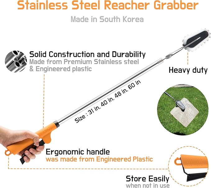 FTH All Stainless Steel Grabber Reacher Pickup Tool Heavy Duty Trash Picker Log BBQ Fireplace pits Snake Tongs