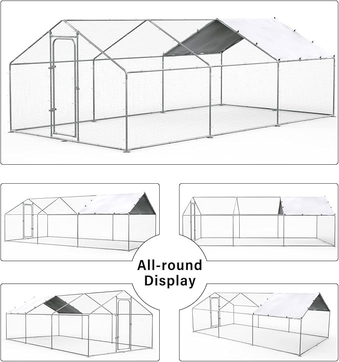 Large Chicken Coop Metal Chicken Run for Yard Walk-in Poultry Cage Heavy Duty Chicken Pen with Waterproof and Anti-UV Cover for Outdoor Farm Use