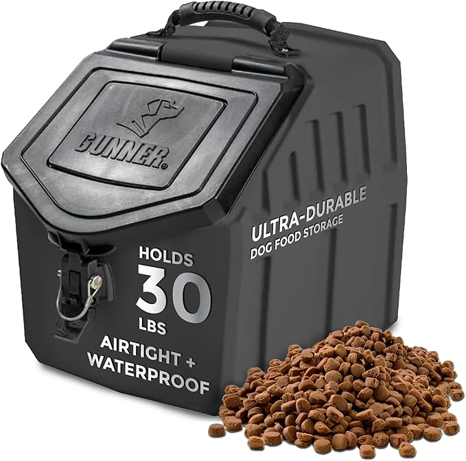 GUNNER 30 lbs Black Dog Food Storage Container with Measuring Scoop – Waterproof & Airtight Pet Food Bin for Dry Food, Corn, Chicken Feed, Bird Seed & Treats – 3 Cup Ergonomic Scooper with Markers