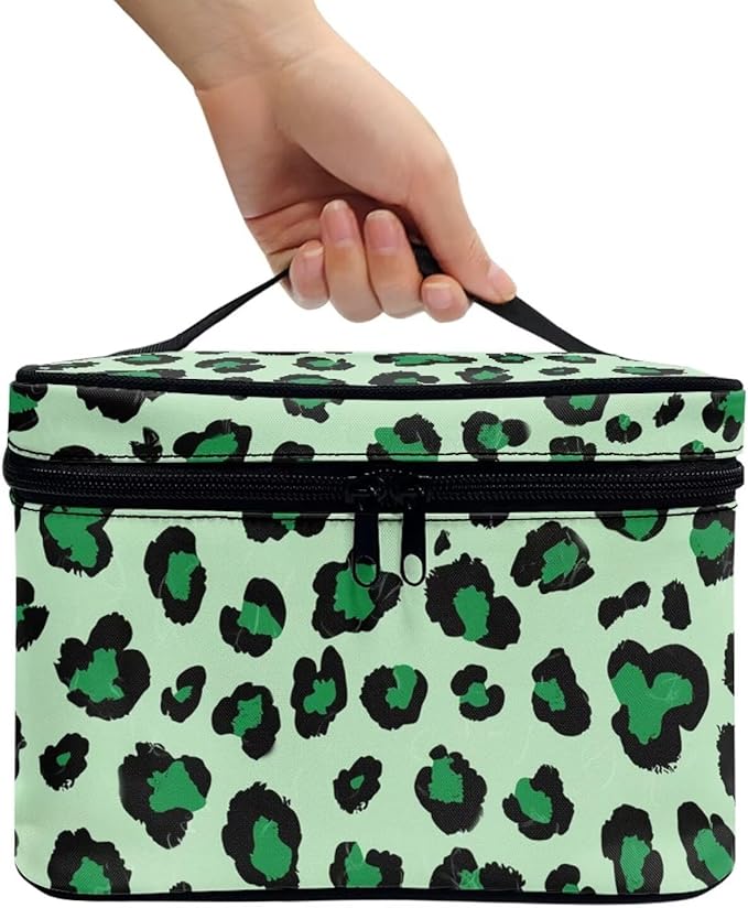 Travel Makeup Bags for Women Portable Tote Cosmetic Case with Carry Handle Toiletry Accessories Storage Organizer Bags, Leopard Green