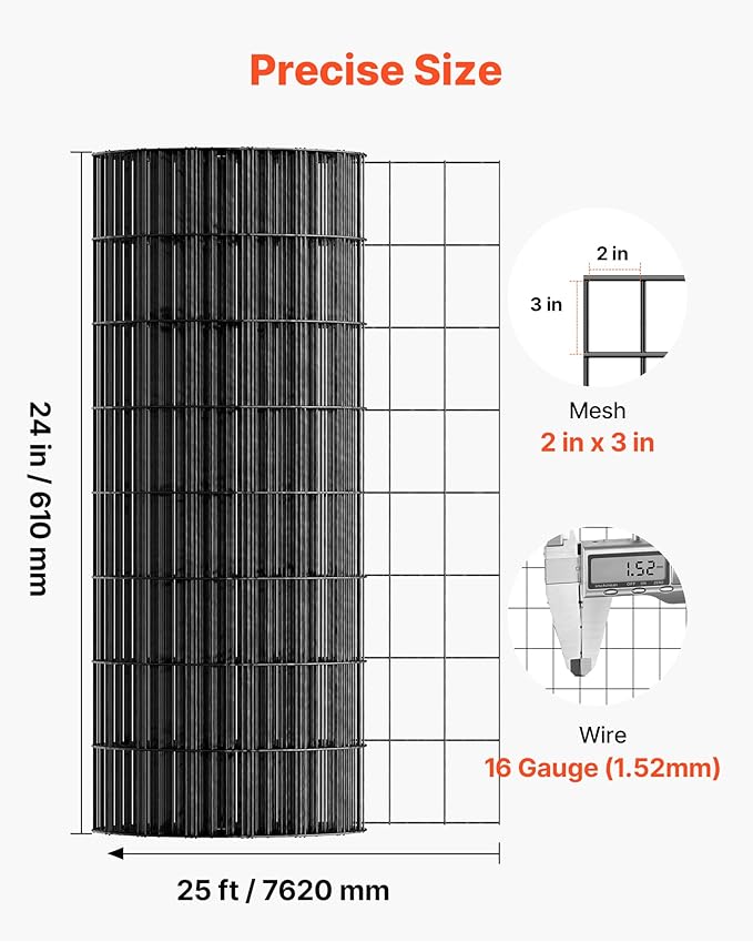 VEVOR Hardware Cloth 24 in x 25 ft, 2 x 3 in Mesh 16 Gauge Galvanized Wire Mesh Roll, Weather-Resistant Vinyl Coated Chicken Wire Fencing, Heavy Duty Welded Garden Plant Fencing for Rabbit Cage Snake
